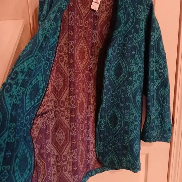 Vintage Teal Jaccard Weave Boho Hippie Tapestry Jacket Made in Turkey